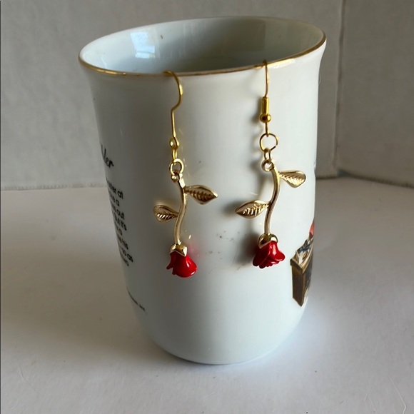 Handmade Jewelry - Red and Gold Dangle Earrings with Crystal Drops